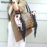 Weiyinxing FASHION Leopard Tote Bags for Women Tassel Cow Print Handbags Shopping Bag Casual Large Capacity Purses and Handbags