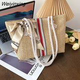 Weiyinxing Capacity Simple Straw Bag New Fashion Woven Women's Tote Shoulder Bag Trendy Striped Buckle Handbags for Women 2023 Summer