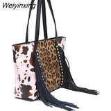 Weiyinxing FASHION Leopard Tote Bags for Women Tassel Cow Print Handbags Shopping Bag Casual Large Capacity Purses and Handbags