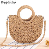 Weiyinxing Handmade Bags for Women Beach Weaving Ladies Straw Bag Wrapped Beach Bag Moon shaped Top Handle Handbags Totes