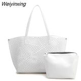 Weiyinxing Fashion Hollow Out Women Large Capacity Tote Bags White Luxury Shoulder Bags for Work 2 Pieces Set Purses and Handbags