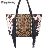 Weiyinxing FASHION Leopard Tote Bags for Women Tassel Cow Print Handbags Shopping Bag Casual Large Capacity Purses and Handbags