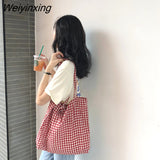 Weiyinxing Women's Canvas Tote Shoulder Large Shopping Bag Plaid Eco Large Capacity Ladies Purse Pouch Girls Student Book Handbags