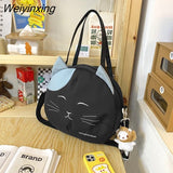 Weiyinxing Cat Nylon Tote Bag Large Capacity Round Cartoon Women's Handbags Shoulder Bags Youth Fashion Sling Messenger Bag Purses