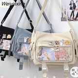 Weiyinxing Capacity Student Solid Color Canvas Bag For Female Women One Shoulder Bag Messenger Bag Add Cute Pendant Nylon School Bag