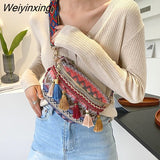 Weiyinxing Women Folk Style Waist Bags with Adjustable Strap Variegated Color Fanny Pack with Fringe Decor Pochete Feminina Riñonera Belt