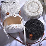 Weiyinxing Black White Round Straw Bags Women Summer Rattan Bag Handmade Woven Beach Cross Body Bag Circle Bohemia Handbag Bali Box