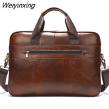 Weiyinxing Real Cowskin Men Computer Business Shoulder Bags Retro Solid Travel Laptop Briefcase High Quality Vintage Leisure Handbags