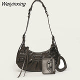 Weiyinxing FASHION Rivet Fashion Luxury Designer Saddle Shoulder Bags for Women PU Leather Biker Style Crossbody Bag Leisure Handbag