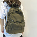 Weiyinxing Solid Color Retro Women Backpack Korean Version Washed Canvas Female Handbag Travel Rucksack Teenage Girl Student Schoolbag