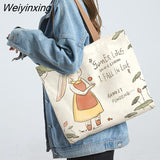 Weiyinxing Women Shopping Bags Eco Reusable Foldable Shoulder Bag Large Capacity Canvas Handbags Cartoon Bag for Women Shopping Bags