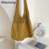 Weiyinxing Lady Retro Chic Crochet Handbag 2023 Korean Fashion Knitted Braid Hollow Black Yellow Top-handle Tote Bag shopper sac