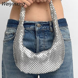 Weiyinxing Metal Mesh Women Shoulder Bags Designer Silver Lady Handbags Luxury Shinny Hobos Party Purses Small Underarm Tote Bag