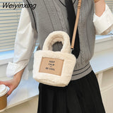 Weiyinxing Winter Solid Color Fluffy Fleece Messenger Bags for Women 2023 Retro Clasp Shoulder Crossbody Purse Flap Street Handbags