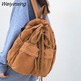 Weiyinxing Double Pocket Women Backpack Female High Quality Canvas Bucket Shoulder Bag Girls Vintage Drawstring Schoolbag Bookbag