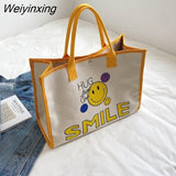 Weiyinxing Women Canvas Bag Large Capacity Female Cartoon Portable Shopping Bag Commuter One Shoulder Tote Bag Female Handbag Shopper Bag