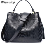 Weiyinxing Genuine Real Leather Bucket Tote Bag Women Designer Shoulder Bag Leather Handbag with Tassels Female Snake Print Hobos Bags