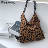 Weiyinxing New Autumn Winter Corduroy Shoulder Bags Retro Leopard Pattern Handbag Thick Chain Bags Female Daily Warm Soft Crossbody