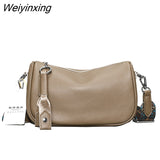 Weiyinxing Solid Genuine Leather Shoulder Crossbody Bag For Women Fashion Handbag Cow Leather Ladies Wide Fabric Strap Messenger Sac