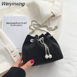 Weiyinxing Diamond Glitter Drawstring Handbags and Purses 2023 Luxury Designer Women's Mini Chain Bucket Shoulder Crossbody Bag