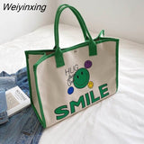 Weiyinxing Women Canvas Bag Large Capacity Female Cartoon Portable Shopping Bag Commuter One Shoulder Tote Bag Female Handbag Shopper Bag