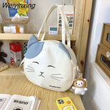 Weiyinxing Cat Nylon Tote Bag Large Capacity Round Cartoon Women's Handbags Shoulder Bags Youth Fashion Sling Messenger Bag Purses