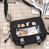 Weiyinxing Capacity Student Solid Color Canvas Bag For Female Women One Shoulder Bag Messenger Bag Add Cute Pendant Nylon School Bag