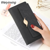 Weiyinxing PU Leather Retro Long Wallets for Women 2023 Simple Frosted Leaf Zipper Buckle Card Holder Large Capacity Women's Clutch