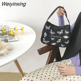 Weiyinxing Women Small Handbag Butterfly Print Canvas Tote Ladies' Fashion Underarm Bag Zipper Half Moon Bags Cotton Cloth Purse