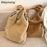 Weiyinxing Shoulder Bags For Women Simple Fashion Warm Fabric Large Capacity Shopping Bag Soft Canvas Tote Ladies Cute Bear Handbags