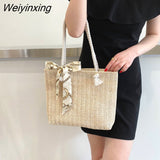 Weiyinxing and Large-capacity Straw Woven Bag Fashion Silk Scarf Women's Shoulder Bag Trendy Woven Zipper Handbags for Women 2023