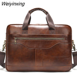 Weiyinxing Real Cowskin Men Computer Business Shoulder Bags Retro Solid Travel Laptop Briefcase High Quality Vintage Leisure Handbags