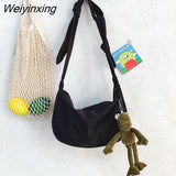 Weiyinxing style dark black solid color canvas bag women's 2023 new Korean version simple student One Shoulder Messenger Bag