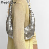 Weiyinxing Metal Mesh Women Shoulder Bags Designer Silver Lady Handbags Luxury Shinny Hobos Party Purses Small Underarm Tote Bag