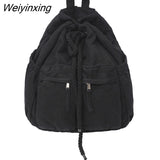 Weiyinxing Double Pocket Women Backpack Female High Quality Canvas Bucket Shoulder Bag Girls Vintage Drawstring Schoolbag Bookbag