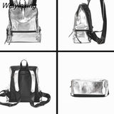 Weiyinxing Silver School Backpack For Girls PU Leather Daypack Rucksack Leisure Bright Travel Backpack For Women Mochila Brilhante