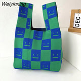 Weiyinxing Knit Reusable Shopping Bags Handbag Women Mini Knot Wrist Bag Japanese Casual Color Wide Stripe Plaid Tote Bag Student