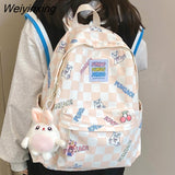 Weiyinxing Women Laptop Plaid College Bag Cute Cartoon Girl Travel Backpacks Nylon Fashion Lattice Ladies Kawaii Backpack Female School Bag