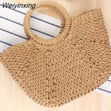 Weiyinxing Handmade Bags for Women Beach Weaving Ladies Straw Bag Wrapped Beach Bag Moon shaped Top Handle Handbags Totes