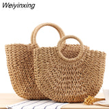 Weiyinxing Handmade Bags for Women Beach Weaving Ladies Straw Bag Wrapped Beach Bag Moon shaped Top Handle Handbags Totes