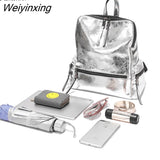 Weiyinxing Silver School Backpack For Girls PU Leather Daypack Rucksack Leisure Bright Travel Backpack For Women Mochila Brilhante