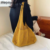 Weiyinxing Lady Retro Chic Crochet Handbag 2023 Korean Fashion Knitted Braid Hollow Black Yellow Top-handle Tote Bag shopper sac