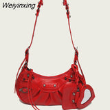 Weiyinxing FASHION Rivet Fashion Luxury Designer Saddle Shoulder Bags for Women PU Leather Biker Style Crossbody Bag Leisure Handbag