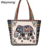 Weiyinxing Elephant Pattern Bucket Bag Double-Sided Embroidered Canvas Bag Women Handbags