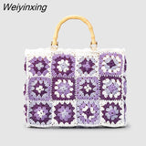 Weiyinxing Granny Square Staw Handbags Casual Paper Woven Bamboo Handle Women Hand Bags Handmade Summe Beach Bag Large Tote Purse