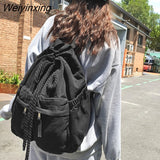 Weiyinxing Double Pocket Women Backpack Female High Quality Canvas Bucket Shoulder Bag Girls Vintage Drawstring Schoolbag Bookbag