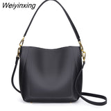 Weiyinxing Luxury Solid Color Cow Leather Bucket Bag 100% Soft Genuine Leather Women Shoulder Crossbody Bag Designer Ladies Handbag