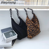 Weiyinxing New Autumn Winter Corduroy Shoulder Bags Retro Leopard Pattern Handbag Thick Chain Bags Female Daily Warm Soft Crossbody