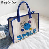 Weiyinxing Women Canvas Bag Large Capacity Female Cartoon Portable Shopping Bag Commuter One Shoulder Tote Bag Female Handbag Shopper Bag