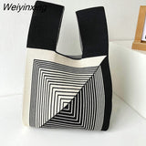 Weiyinxing Handmade Knit Handbag Women Japanese Wrist Knot Bag Wide Stripe Plaid Tote Bag Students Mini Reusable Shopping Bags